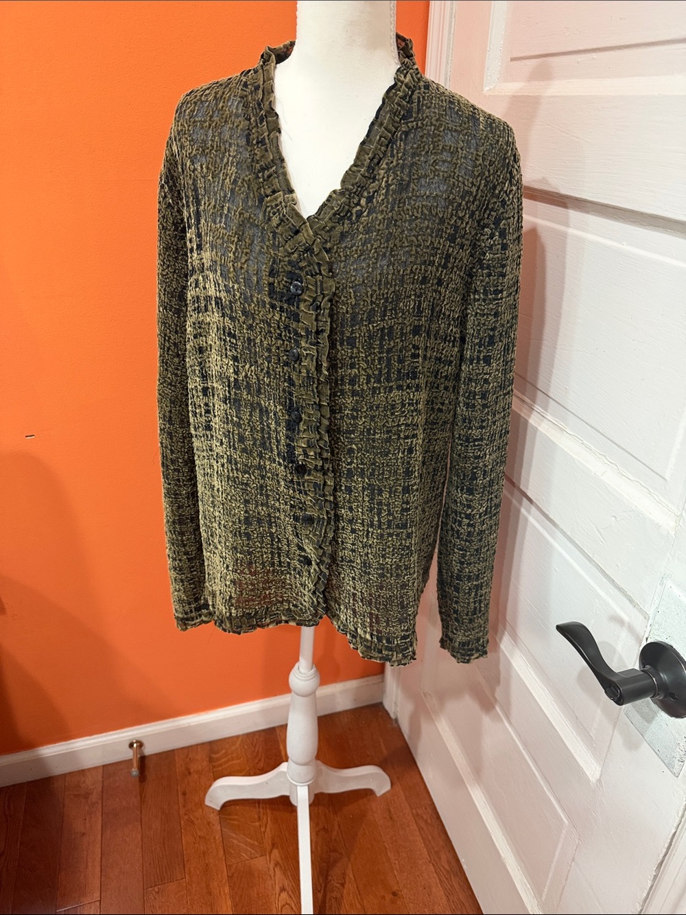 Coldwater Creek Olive and Black Open-Weave Button-Front blouse